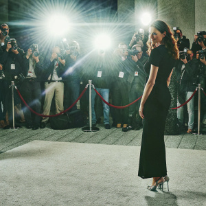 Eva Green at a bustling awards show, wearing a sleek black dress and silver heels. Surrounded by photographers and reporters. Bright lights and crowd in the background.