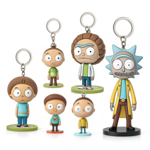 Variety of Morty figures from Pocket Mortys game, ranging from small collectible keychains to large display statues.