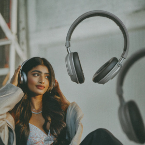 Pooja Hegde, brand ambassador, promoting pTron headphones. Vibrant green background with sleek design