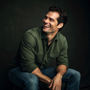 Henry Cavill, smiling widely, in a casual setting. Green shirt, jeans. Dark, moody background.