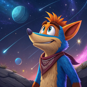 Digital illustration of Crash Bandicoot character. Brightly colored, detailed design. Background is a cosmic space scene