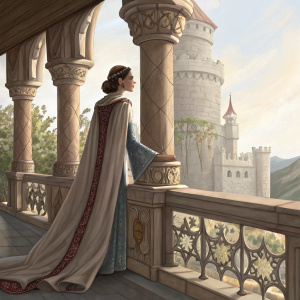 Digital art, color illustration, female figure standing on balcony, castle-like background, detailed robe design, ornate architecture, stone textures, intricate carvings