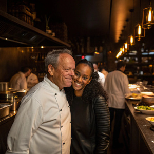 Chef Wolfgang Puck and Gelila Assefa, both Caucasian, sharing a cozy moment in a bustling, dimly lit restaurant kitchen.