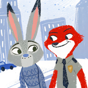 Digital painting of Judy Hopps and Nick Wilde from Zootopia. Animated movie poster design, vibrant colors, detailed fur textures, and expressions.