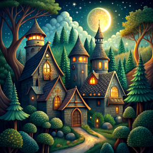 Fairy-tale characters, forest houses, Moon, stars
