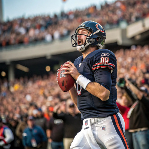 Kyle Orton, football quarterback, intense expression. Wearing protective gear, dark jersey, white pants. Crowd cheering in background, high-definition photo