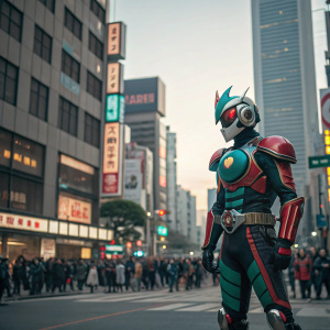 In the bustling city of Tokyo, a Kamen Rider warrior in a striking suit of armor, bursts onto the scene, colors swirling around him in a whirlwind of action. He stands tall amidst a sea of curious onlookers, his presence a beacon of the imaginative world of Kamen Rider.