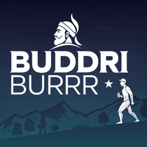 Brand logo for 'Buddri Burrr'. The text is white, on a gradient background from dark blue to black.