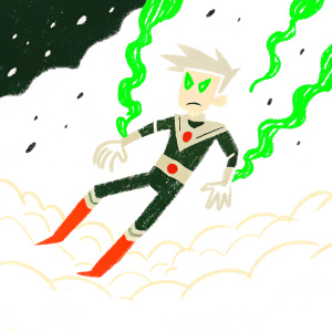 Illustration of Danny Fenton as Danny Phantom. Dark and dramatic, dynamic pose. Green flames, supernatural theme. Detailed digital art style. Dark and foggy eerie background.