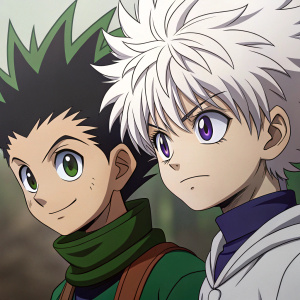 Killua Zoldyck and Gon, anime characters from Hunter x Hunter, shown in a detailed close-up focusing on their expressive faces.