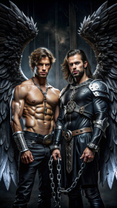 Two imprisoned male angels, wearing angelic armor, chained in a dungeon, archangel Michael evil version evil style another angel kneeling Lucifer in chains, beautiful and majestic angels wearing black celestial armor