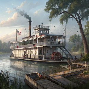 Concept art series for Mafia III. Detailed riverboat design with wrap-around deck and multi-story structure. Calm river with dock. Natural backdrop of trees. Close-up views of architectural elements. Color palette: browns, grays, natural greens.