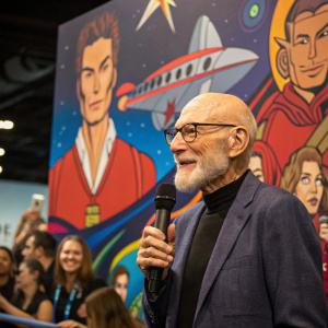 Sir Patrick Stewart, with his iconic beard and glasses, giving an interview at a Sci-Fi convention. He is standing in front of a colorful, vibrant backdrop featuring various Star Trek characters and spacecraft.