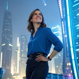 Jill Valentine, with brown hair, smiling confidently. Wearing a blue blouse and dark pants. Standing in a brightly lit, futuristic cityscape.