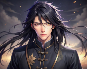 hombre de 18 años, con tunicas tradicionales chinas en negro, ojos negros, pelo negro y largo, aspecto elegante y varonil, estilo anime,