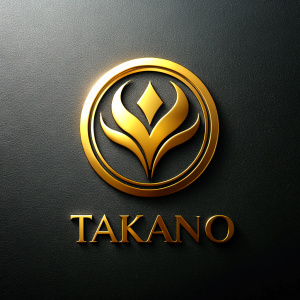 Create a logo with the word "Takano" that has elegance and colors such as gold, black and silver.

