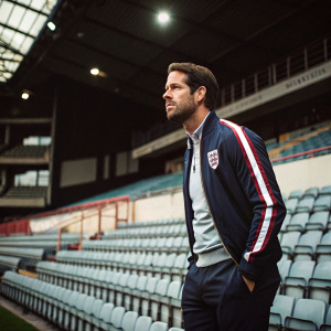 Jamie Redknapp, former England footballer, in a candid shot. Sport jacket, smart casual look. Empty sports arena background.