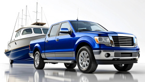 Blue  luxurious  pickup and luxurious boat realistic detail photography 
