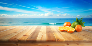 Wooden table top on blue sea, citrus fruits