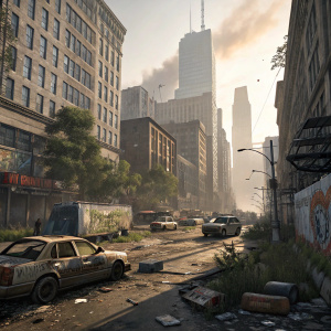 A hyper-realistic digital artwork depicting a futuristic cityscape from Tom Clancy's The Division 2. Abandoned vehicles, crumbling buildings, and graffiti-covered walls create a desolate, dystopian vibe.
