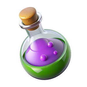 magic potion in a glass bottle with purple liquid casual mobile game style with round shapes