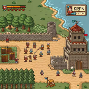 Screenshot from a retro-style tower defense game. Pixel art depiction of the Onas and Sanmontes conflict. Spanish text in a message box reads 'KRAN' and 'SEGUIR'.