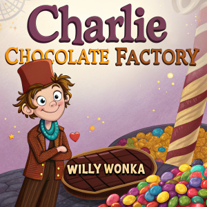 Movie poster for 'Charlie and the Chocolate Factory'. Character design is whimsical and colorful. The main character is portrayed in a cartoon style.