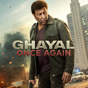 Movie poster for 'Ghayal Once Again'. Sunny Deol, with a fierce expression, standing amidst a chaotic cityscape. Visible injuries, determined stance. Dynamic composition, cinematic style