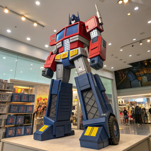 Large, detailed toy of Optimus Prime, standing in a static pose. Dark blue and gray body with bright red and yellow highlights. Featured at a Hasbro store display