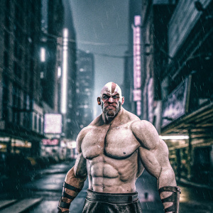 Kratos, muscular avatar with detailed facial features, realistic skin tone, standing in a futuristic landscape. The environment is a cyberpunk city with neon lights.