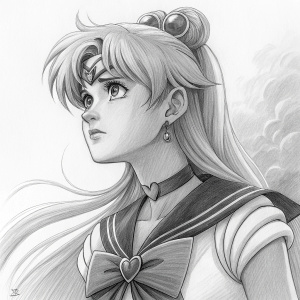 Detailed charcoal sketch of Sailor Venus from Sailor Moon. Sad and determined expression, looking into the distance. Black and white, high contrast.