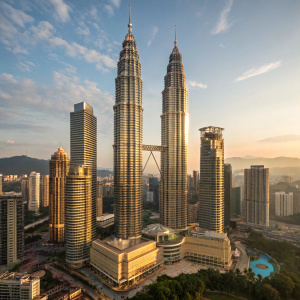 Towering Petronas Twin Towers in Kuala Lumpur. Shimmering in the sunlight. Numerous cylindrical sections stacking upwards. Cityscape backdrop