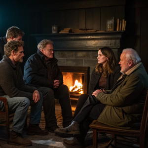 Michael Dudikoff, Brian Dennehy, Katherine Saltzberg, George DelHoyo, and Todd Susman gathered around a cozy fireplace. Dark and moody background.