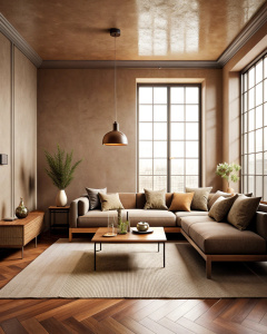 living room of a minimalist apartment with muted brown tones