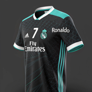 Close-up of Cristiano Ronaldo's Real Madrid jersey. Black with teal and white accents. Fly Emirates and Adidas logos prominently displayed. Number 7 and name Ronaldo in white letters.
