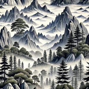 Beautiful gentle mountains and trees seamless pattern in the style of Japanese prints