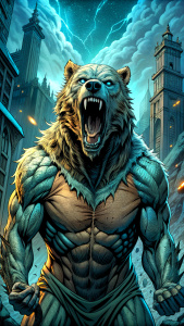 ((us-comic-style)) illustration featuring bear creature, dynamic and aesthetic