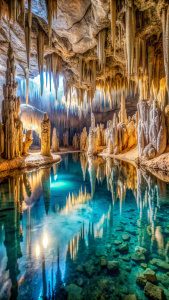  Inside the Sac Actun cave, partially submerged, crystal clear water, stunning stalactites and stalagmites, soft natural light filtering in, intricate rock formations, serene ambiance, realistic textures