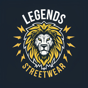 The Legends Streetwear logo featuring a powerful lion's face. Bold font and dark background, with yellow and white color scheme.