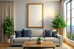 Frame mockup, ISO A paper size. Living room wall poster mockup. Interior mockup with house background. Modern interior design