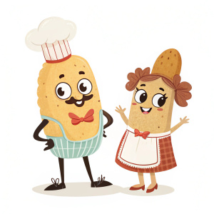 Cute cartoon characters: Crispy Freddie Potato and Fluffy Flo baked potato. Both standing tall on a plain white backdrop, dressed in retro outfits.