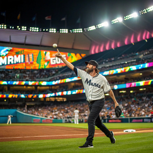 John Curtiss, wearing Miami Marlins jersey, playing baseball in a vibrant stadium filled with cheering fans.