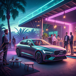 Render of Volvo S60 at futuristic launch event. Neon lights, stylish lounge, people mingling.