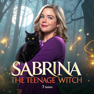 Promotional image for 'Sabrina the Teenage Witch'. The poster features a blonde actress with a friendly expression. She is dressed in a purple top, holding a black cat. The background showcases a magical forest with the title 'Sabrina the Teenage Witch' and the series logo, indicating 7 seasons.