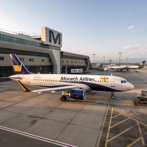 An Airbus A320 from Monarch Airlines parked at Manchester Airport. The aircraft sports a white body with blue stripes and the iconic 'M' logo.