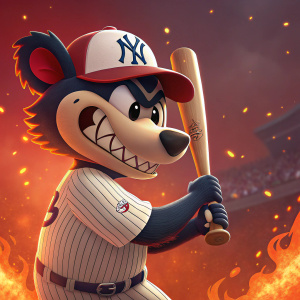 Cartoon mascot of Bronx Bombers holding a baseball bat. Fiery background, playful and fierce design. Digital art