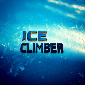 Logo design featuring 'Ice Climber' in a sleek, modern font. Dark letters with golden-brown accents on a brushed texture background. Set against a plain white backdrop