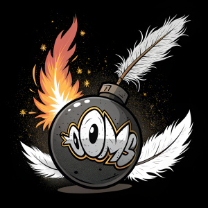 A stylized cartoon bomb with fiery effects, white feathers, and graffiti-inspired logo on a black background.