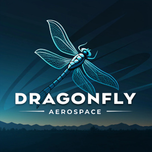 Futuristic logo of Dragonfly Aerospace. Stylized dragonfly design with sleek geometric shapes and lines. Bold 'DRAGONFLY AEROSPACE' text in large font. Gradient background of dark blue and black