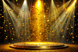 golden confetti shower cascading onto a festive stage, illuminated by a central light beam